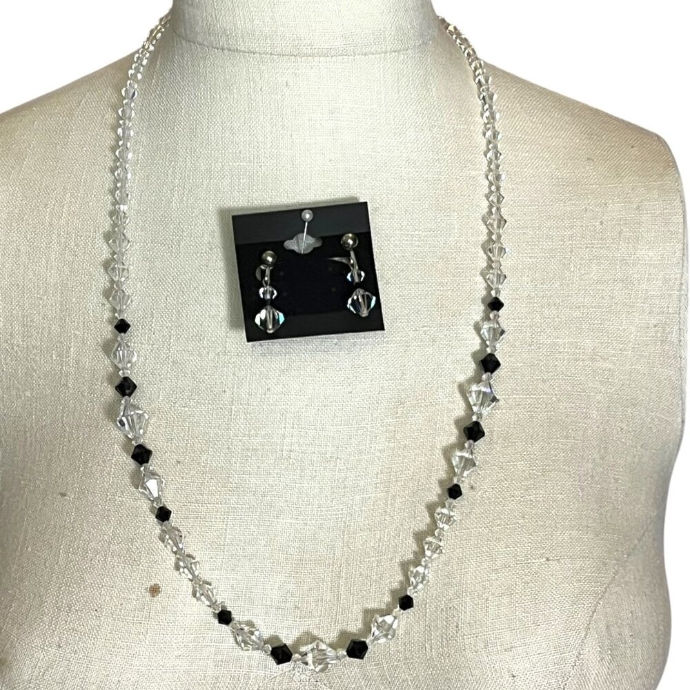 1940s Faceted Clear & Black Crystal Bead Necklace w/Matching Clip Earrings